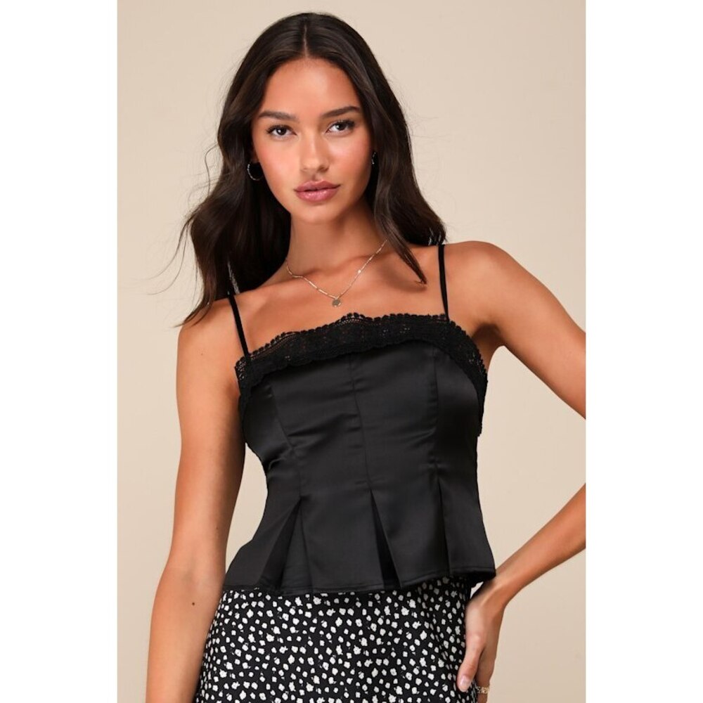Lulus Chic Trend Black Satin Pleated Cropped Lace Cami Top - Size XS